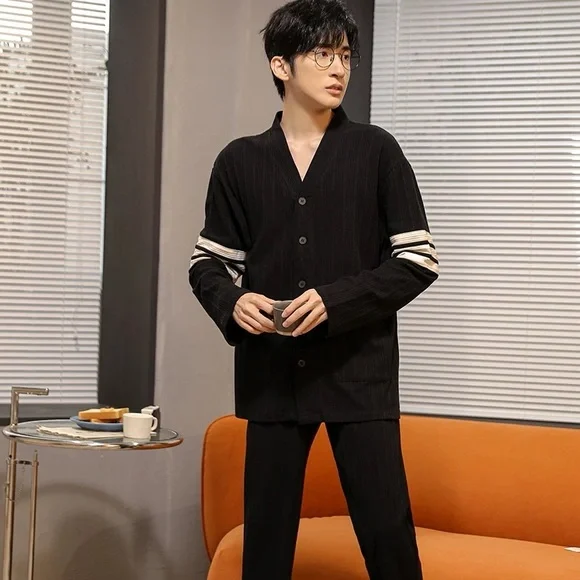 Men's Pajama Set Classic Sleepwear Button Down Loungewear with Long Pants - Picture 2 of 3